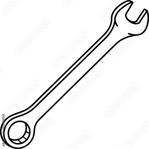Professional automotive combination wrench with both open and closed ends. Versatile hand tool for car repair, mechanical work and workshop maintenance tasks. Vector outline icon.