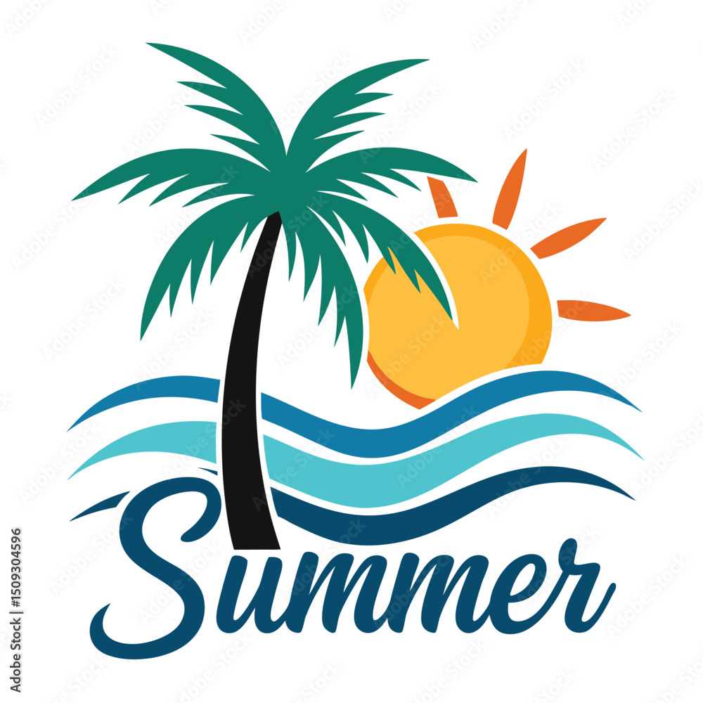 Obraz premium Poolside logo with palm tree in shimmering sun rays vector illustration 