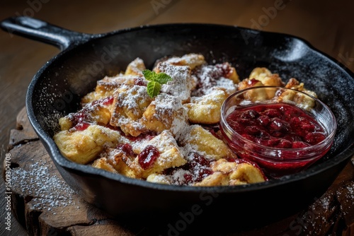 Kaiserschmarrn mit Puderzucker und Zwetschgenröster österreichisches Dessert Mehlspeise süße Pfannengerichte Alpenküche Hüttenschmankerl Kaiserschmarrn Rezept Foodfotografie Süßspeise Klassiker