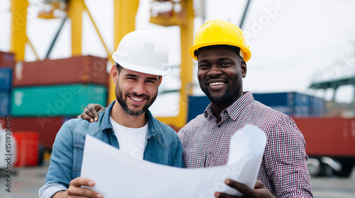 Two smiling engineers wearing safety gear and holding blueprints at a shipping port with containers in the background.
 photo