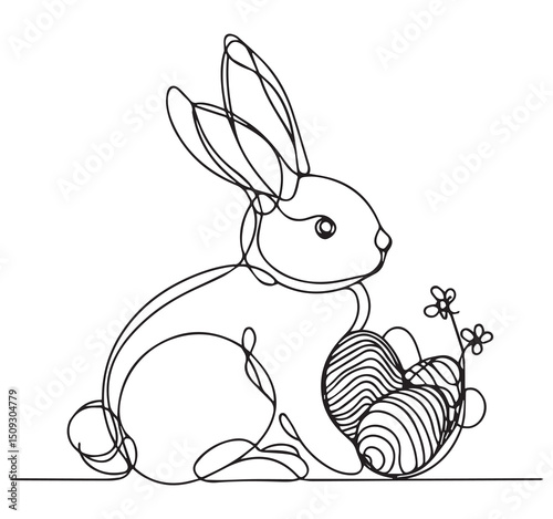 Black and White Continuous Line Art Drawing of an Easter Bunny Sitting Beside Decorated Eggs and Flowers