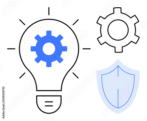 Lightbulb with gear inside, gear symbol, and shield representing innovation, technology, security, problem solving, idea generation, engineering and protection. Ideal for strategy simple landing