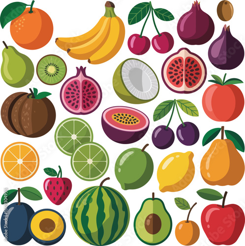 Colorful and vibrant assortment of fresh fruits, including both whole and halved varieties.