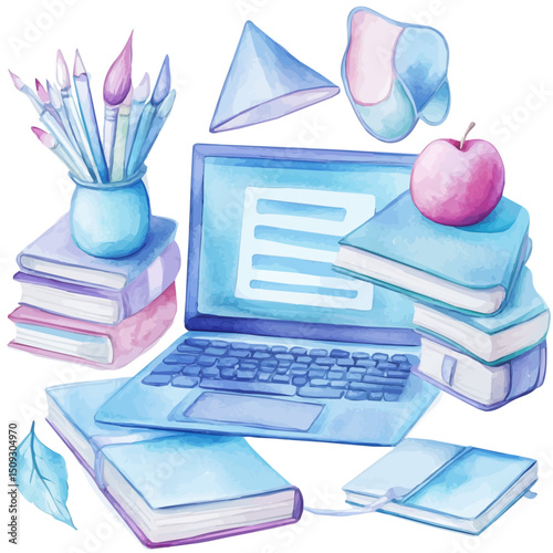 Online Learning, watercolor illustration vector, high quality, isolated on a white background.