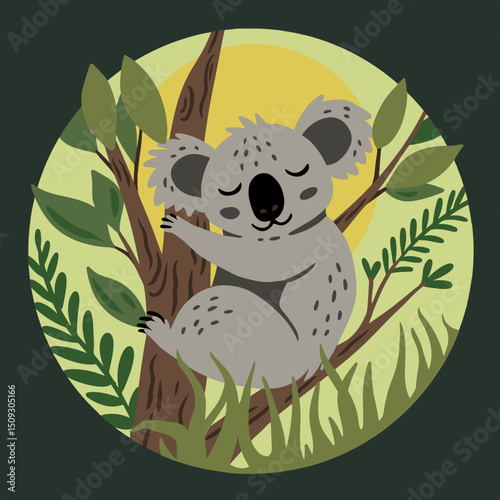 Cute sleeping koala hugging a tree branch in a green forest with sun behind, soft layered paper cut style in circular composition