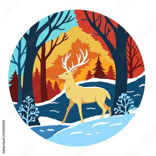 Elegant deer standing in snowy winter forest with glowing sunset sky and bare trees, vibrant layered paper cut style in circular composition