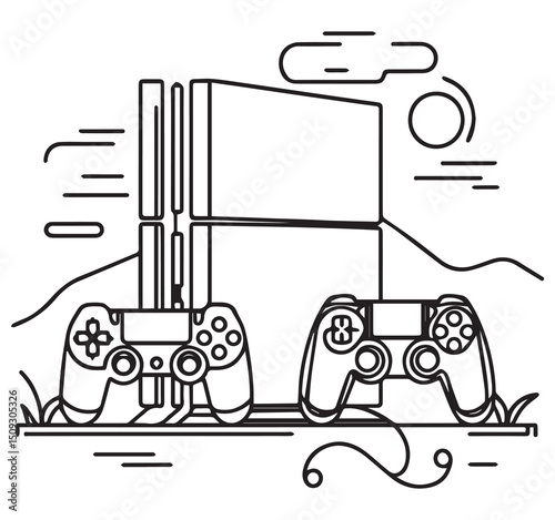 Minimalist Line Art Illustration of PS4 Console and Controllers Gaming Setup Landscape Sun Clouds