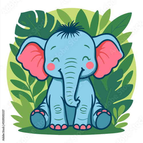Cute baby blue elephant sitting happily among tropical jungle leaves, cartoon style with layered paper cut effect, perfect for kids and nursery decor