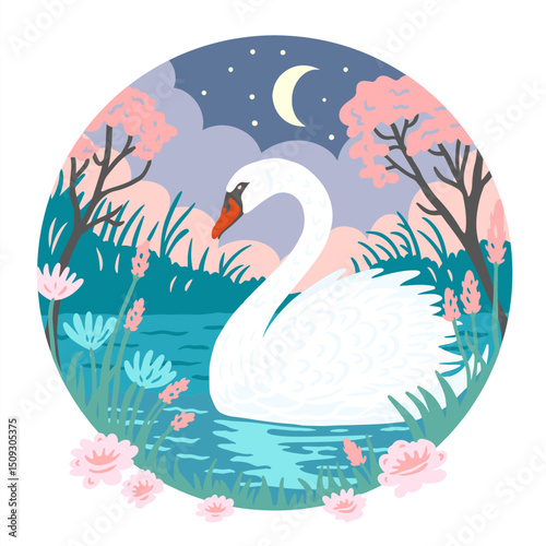 Elegant white swan floating on a moonlit lake surrounded by pink flowers and trees, in layered paper cut vector style with dreamy night sky