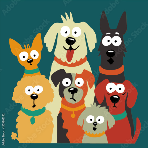 Funny group of quirky cartoon dogs with big expressive eyes in bold layered paper cut style on teal background, playful vector illustration for pet lovers