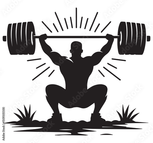 Black Silhouette Weightlifter Squatting Barbell Overhead Power Strength Fitness Graphic Sun Rays