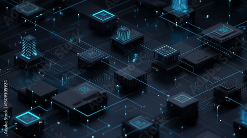 3D illustration of glowing digital cubes representing blockchain technology and decentralized data networks.
 photo