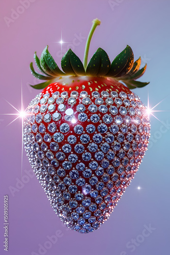 Surrealistic photo of 1 strawberry completely covered with sparkling diamonds, high reflectivity surface floating above soft purple gradient background