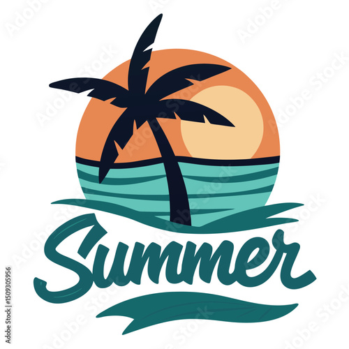 Driftwood logo with palm tree in knotty sun over shore vector illustration