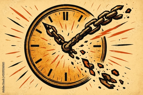 Illustration of Clock Breaking Free from Chains in Dynamic Style