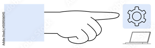 Outstretched hand pointing at gear symbol with a laptop below, symbolizing settings, system workflow, management, or technology. Ideal for automation, tech support, user experience, IT services