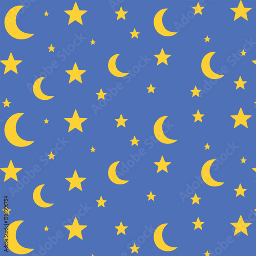 Seamless night sky pattern with crescent moons and stars on transparent background