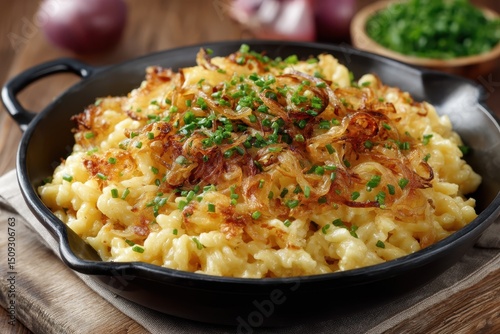 Käsespätzle mit Röstzwiebeln deutsches Gericht Allgäuer Spätzle Hausmannskost Käse Spezialität deftiges Essen Pfannengericht traditionelle Küche Alpenrezept Comfort Food Foodfotografie käsig herzhaft