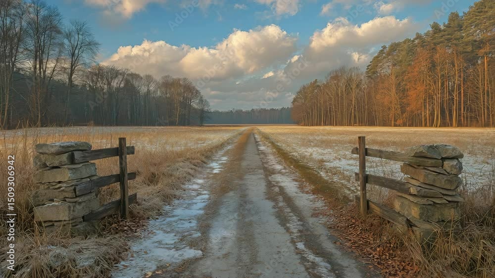 Winter landscape in the mountains, landscape with country road, empty asphalt road on blue cloudy sky background.