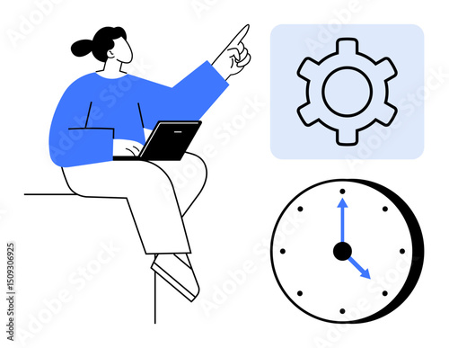 Woman using laptop, pointing at gear symbol with clock below. Ideal for productivity, time management, workflow, efficiency, planning, organization, simple landing page