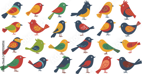 手描きイラスト　カラフルな鳥のセット