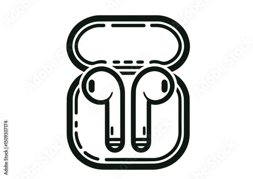 Wireless earbuds in case illustration in black and white style