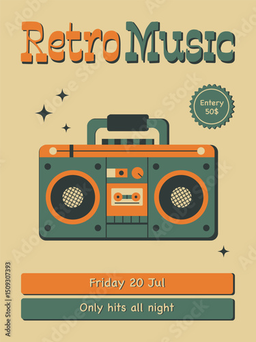 Retro music party poster with a cassette boombox and vintage-style text. Bright, colorful design perfect for promoting an old-school music event.