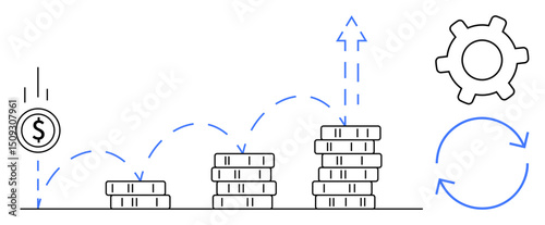 Money coin dropping and growing into increasing stacks with upward arrow, gear icon, and cycle symbol. Ideal for finance, investment, progress, savings, revenue business economic growth. Flat