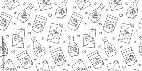 Black and white seamless pattern with doodle outline coconut milk. Background with plant based alternative beverages. Milk in plastic bottles, cardboard packages. Vegan calcium source. Healthy