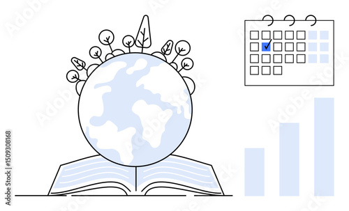 Earth surrounded by plants rests on an open book with a calendar marking a day and rising bar chart. Ideal for education, environment, planning, growth, sustainability, knowledge, motivation. Flat