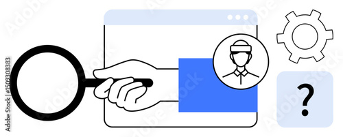 Hand using magnifying glass near user profile icon overlaying webpage with settings gear and question mark. Ideal for research, recruitment, troubleshooting, support, analytics, decision, simple