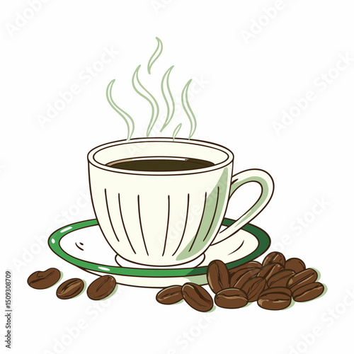 Cup of steaming coffee with coffee beans for a refreshing beverage experience, copy space
