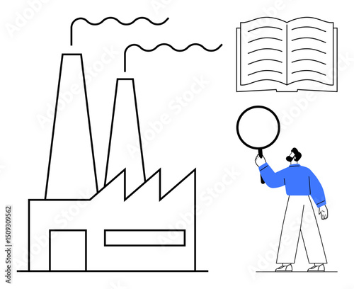 Factory with chimneys, person examining with magnifying glass, and open book. Ideal for industry, inspection, research, education, compliance, analysis quality control simple landing page