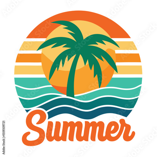 Warm summery logo with palm tree nestled in orange glow vector illustration