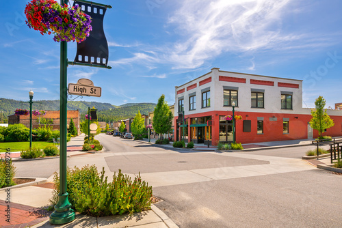 Fototapeta Naklejka Na Ścianę i Meble -  Main street through the Priest River Commercial Core Historic District, on the National Register of Historic Places, in the rural small town of Priest River, Idaho.