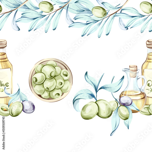 Olives and olive oil seamless pattern with frame and border highlighting the beauty of Italian cuisine nature and nutrition in a watercolor style