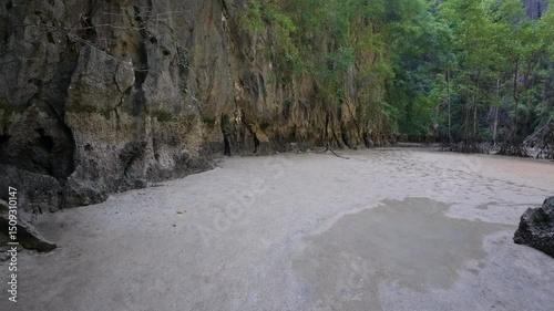 Panak İsland , a peaceful sandy beach surrounded by cliffs and greenery, with smooth sand and no visible footprints or human presence 