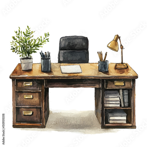 Office Desk, watercolor illustration vector, high quality, isolated on a white background.