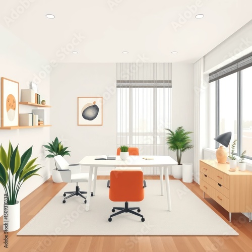 Contemporary office interior design featuring natural light and minimalist decor, promoting productivity and a calm workspace atmosphere