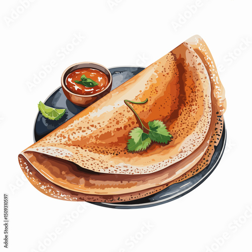 Masala Dosa with Potato Filling – Watercolor Style