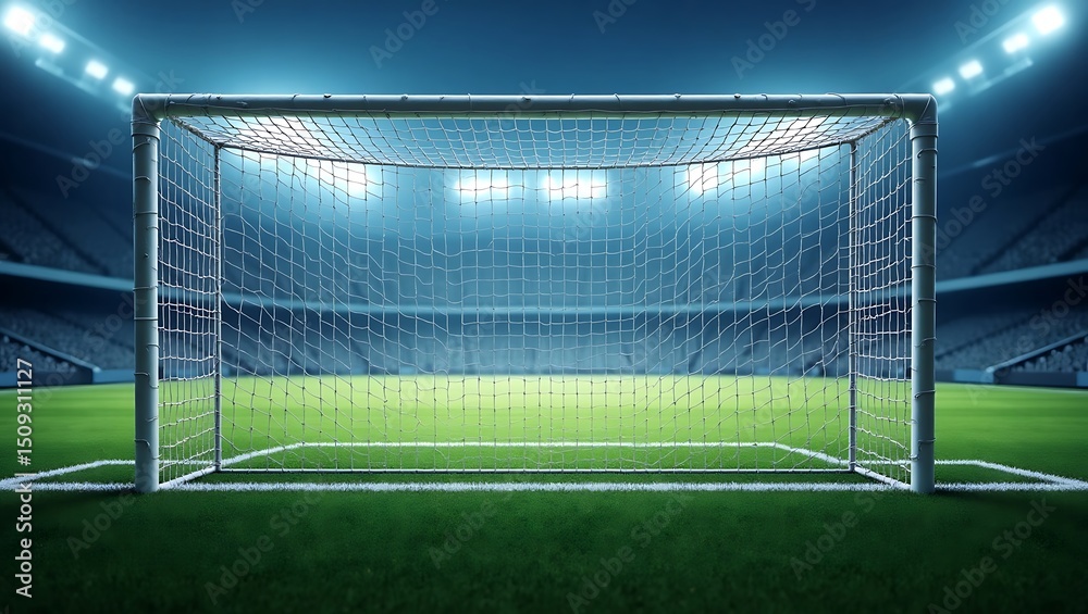 Fototapeta premium Dramatic Football Goal on Lush Green Field Under Stadium Lights Scenery