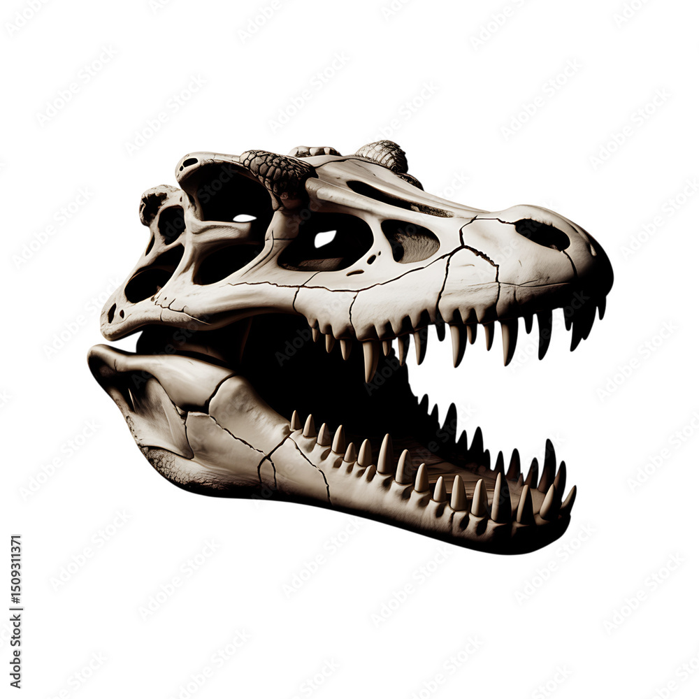 Fototapeta premium A fossilized skull of a prehistoric reptile reveals the fierce hunter in on transparent background
