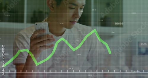Image of data processing over asian businessman with smartphone