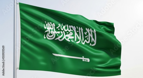 Saudi Arabia National flag waving in the wind against clear sky, symbol of pride and unity