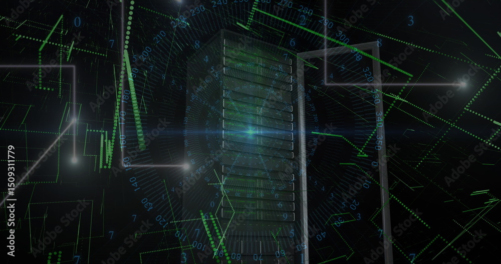 Obraz premium Blue light trails and data processing over computer server against black background