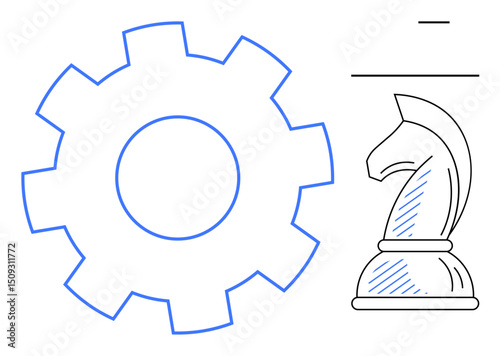 Large gear and chess knight outline symbolizing strategy, process, and innovation. Ideal for teamwork, leadership, planning, decision-making, systems thinking optimization creativity. Flat simple