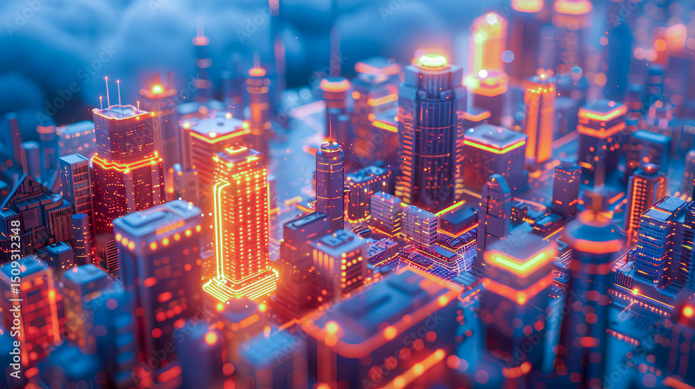 Obraz premium Brightly lit futuristic cityscape at night showcasing skyscrapers with vibrant neon lights, creating an immersive skyline view