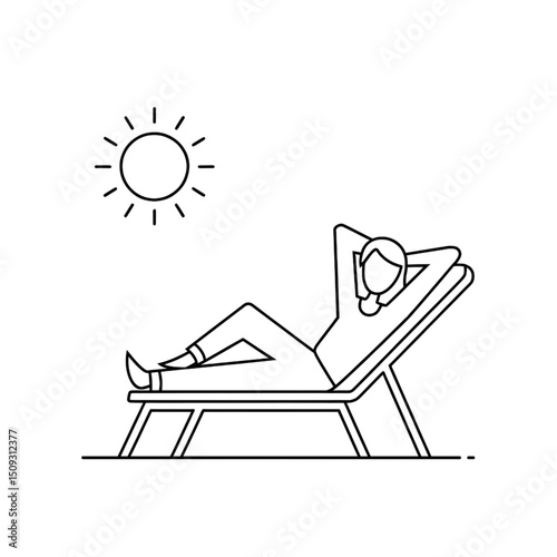 Relaxing Woman Sunbathing on Lounge Chair Line Art Vector