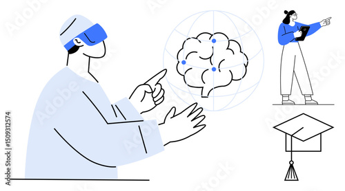 Person using VR headset interacting with digital brain representation, standing woman instructing on tablet, graduation cap symbolizing achievement. Ideal for education, technology, AI, training