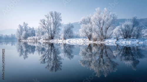 Winter serenity mirrored in a frozen lake, snow-laden trees under soft blue hues. Peaceful harmony of nature's quiet beauty.